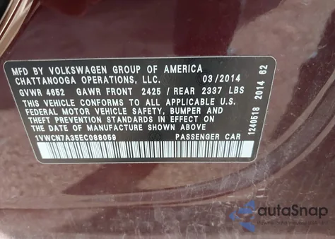 2014 Volkswagen Passat 2.0L Tdi Sel Premium from USA, damaged, VIN 1VWCN7A35EC088059